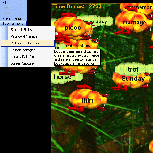 Learn German language dictionary game capture | Teacher Menu | Dictionary Manager