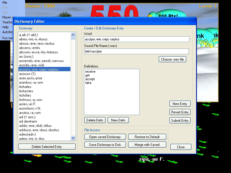 Hungry Frog Latin dictionary view entry